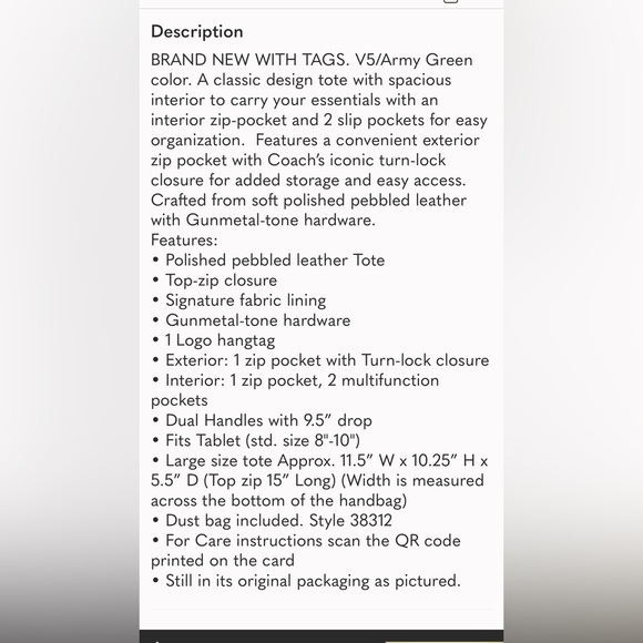 COACH ARMY GREEN TOTE LIKE NEW - Picture 11 of 11